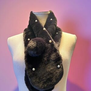 B035   2/$30  Elegant Black Faux Fur Scarf Pearl Accents Soft Winter Wrap NEW